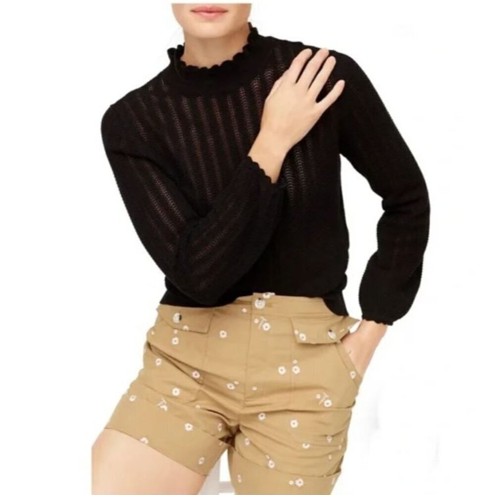 J.CREW Ponte Ruffle Neck Mock Sweater in Black Size Medium AK180